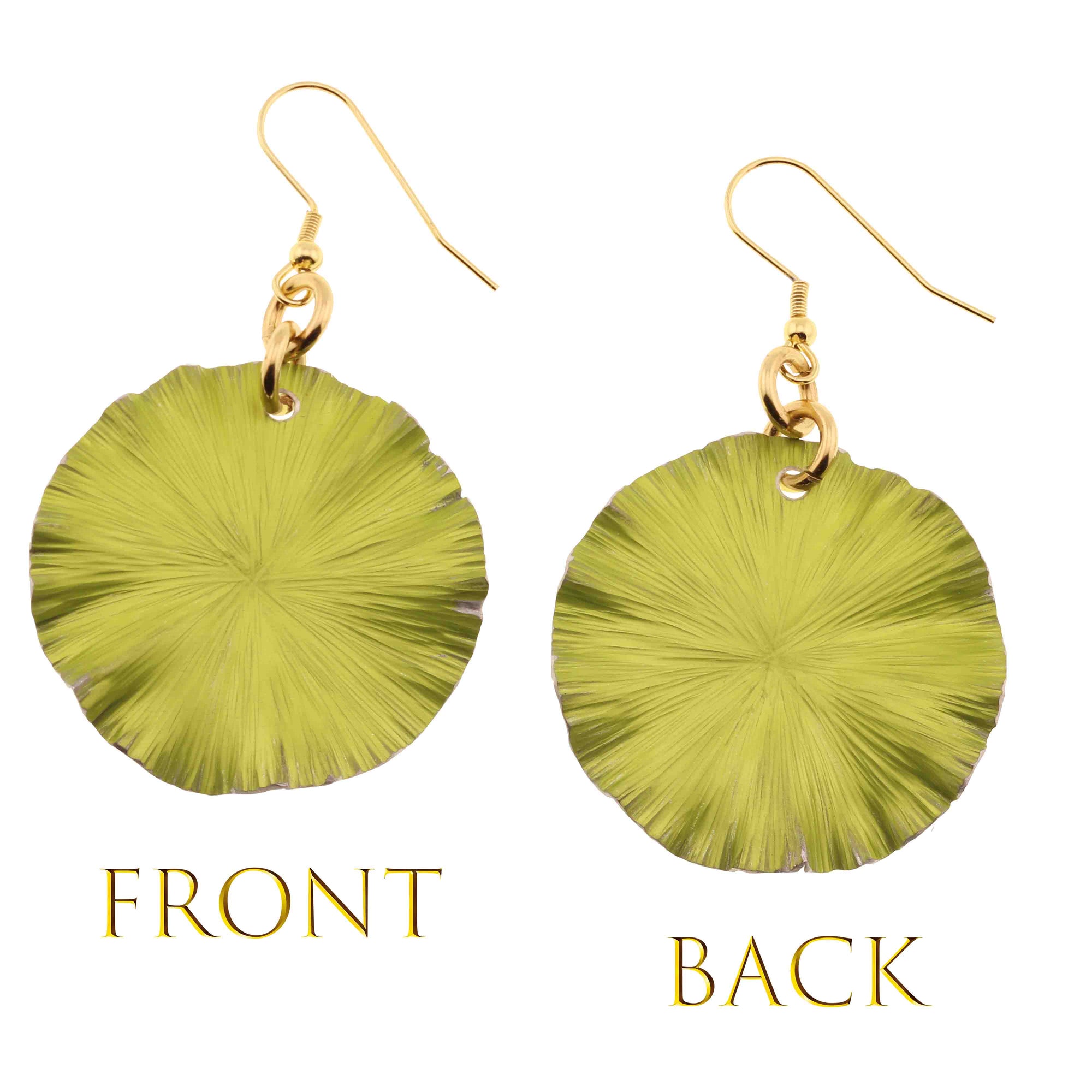 Front and Back Views of Medium Sour Candy Apple Anodized Aluminum Lily Pad Earrings