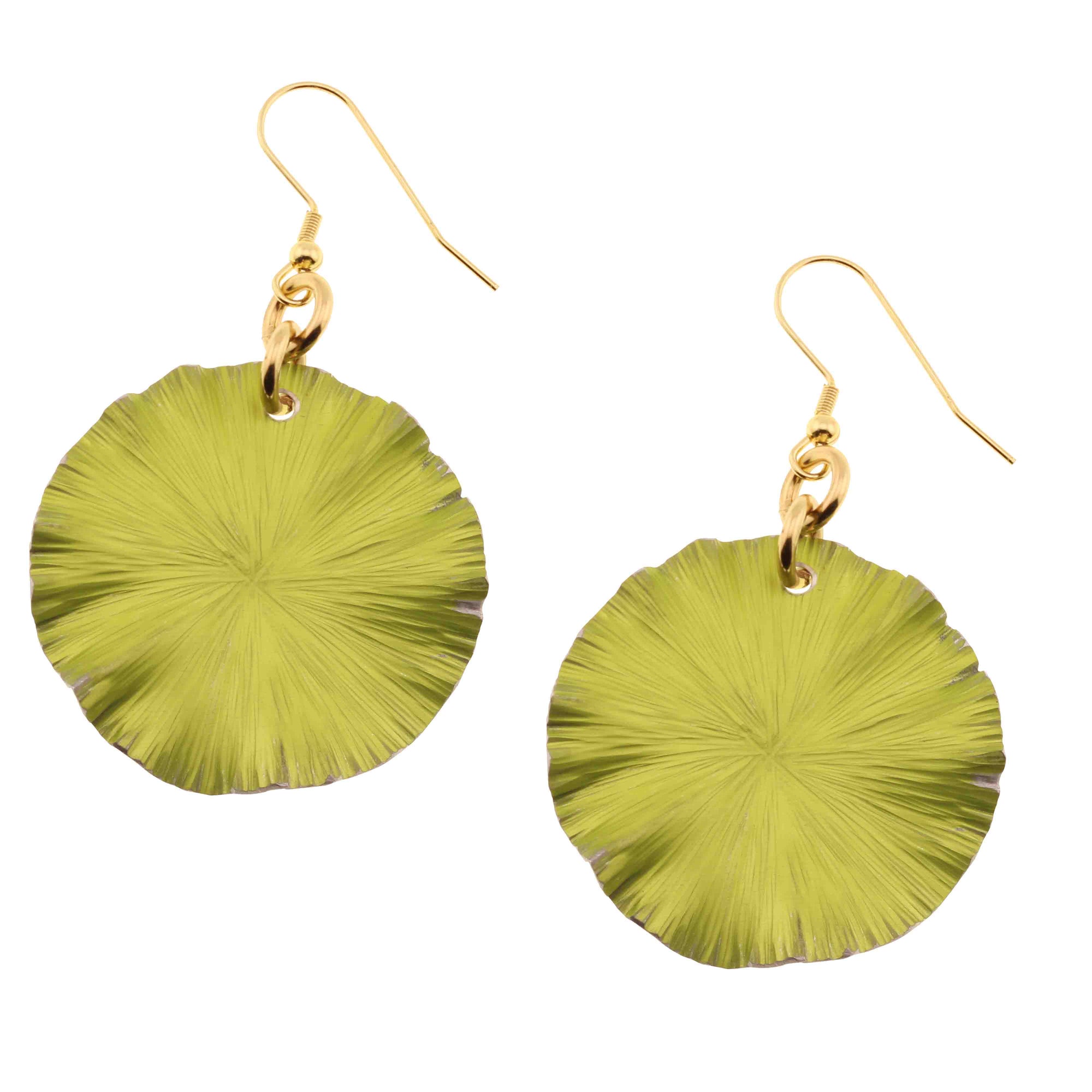 A Pair of Medium Sour Candy Apple Anodized Aluminum Lily Pad Earrings on a White Background