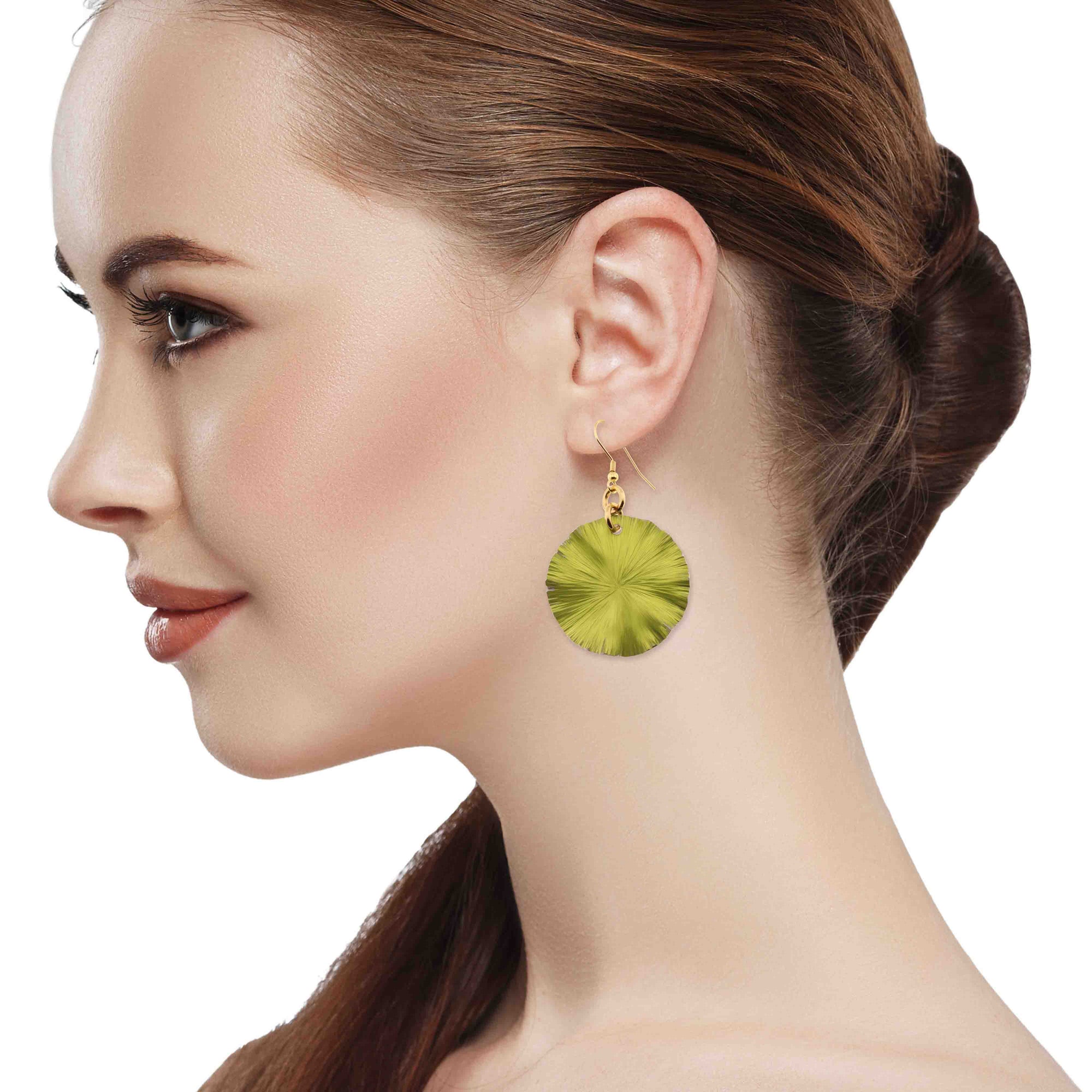 A Fashionable Woman Wearing Medium Sour Candy Apple Anodized Aluminum Lily Pad Earrings
