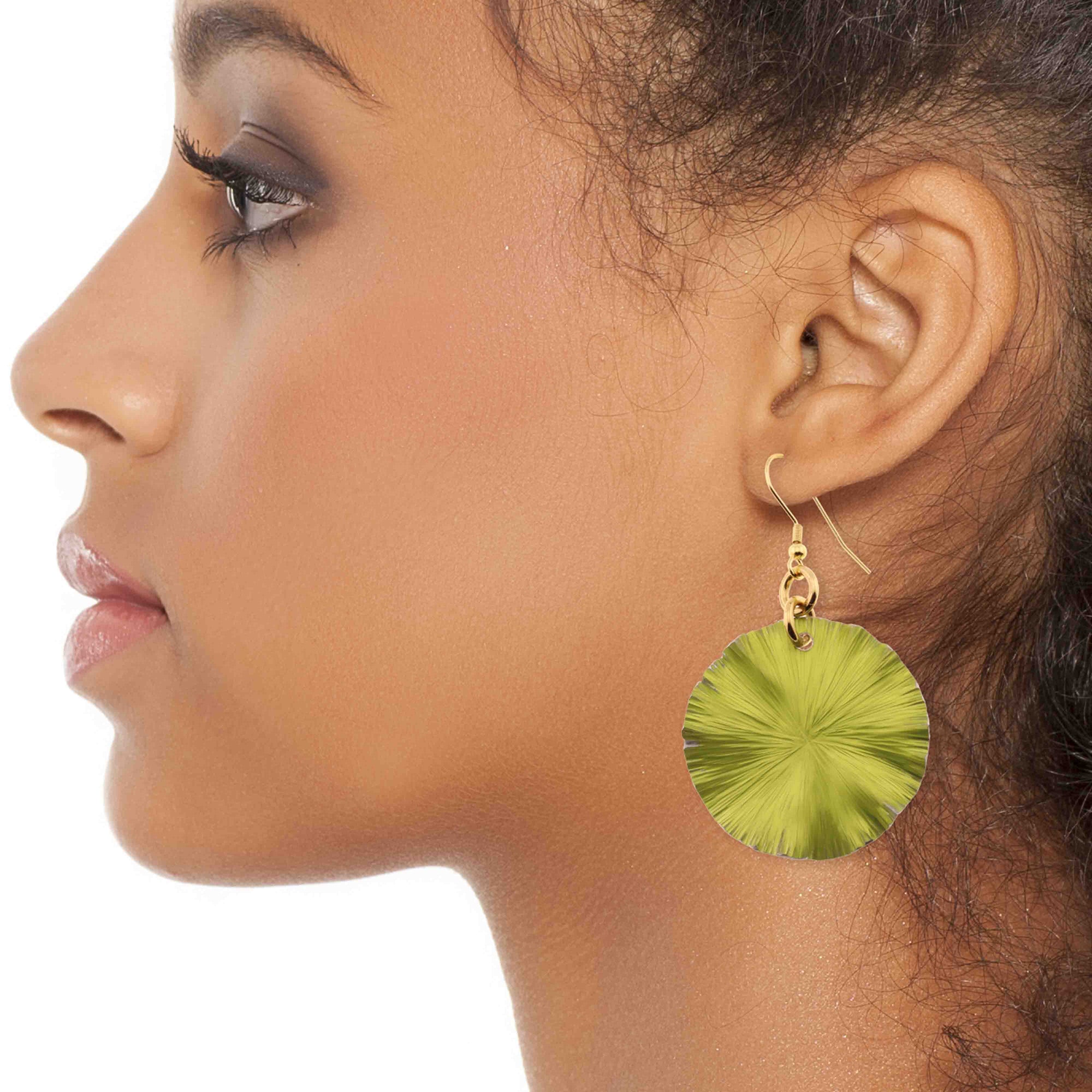 A Stylish Woman Wearing Medium Sour Candy Apple Anodized Aluminum Lily Pad Earrings