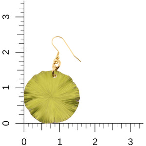 3 of 8: Medium Sour Candy Apple Anodized Aluminum Lily Pad Earrings on a Ruler for Size Dimensions