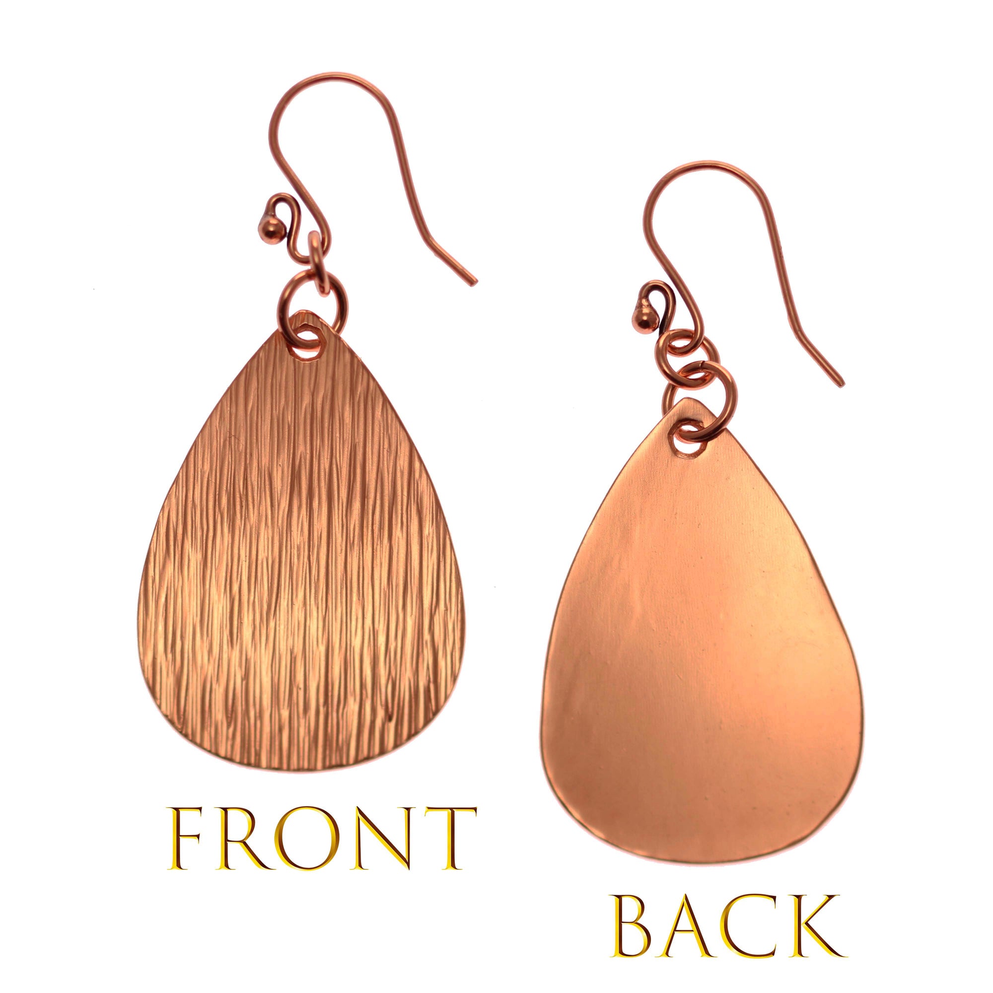 Medium Bark Embossed Copper Teardrop Earrings Front and Back Views