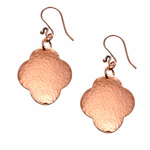 1 of 7: A Pair of Medium Hammered Copper Clover Drop Earrings on a White Background