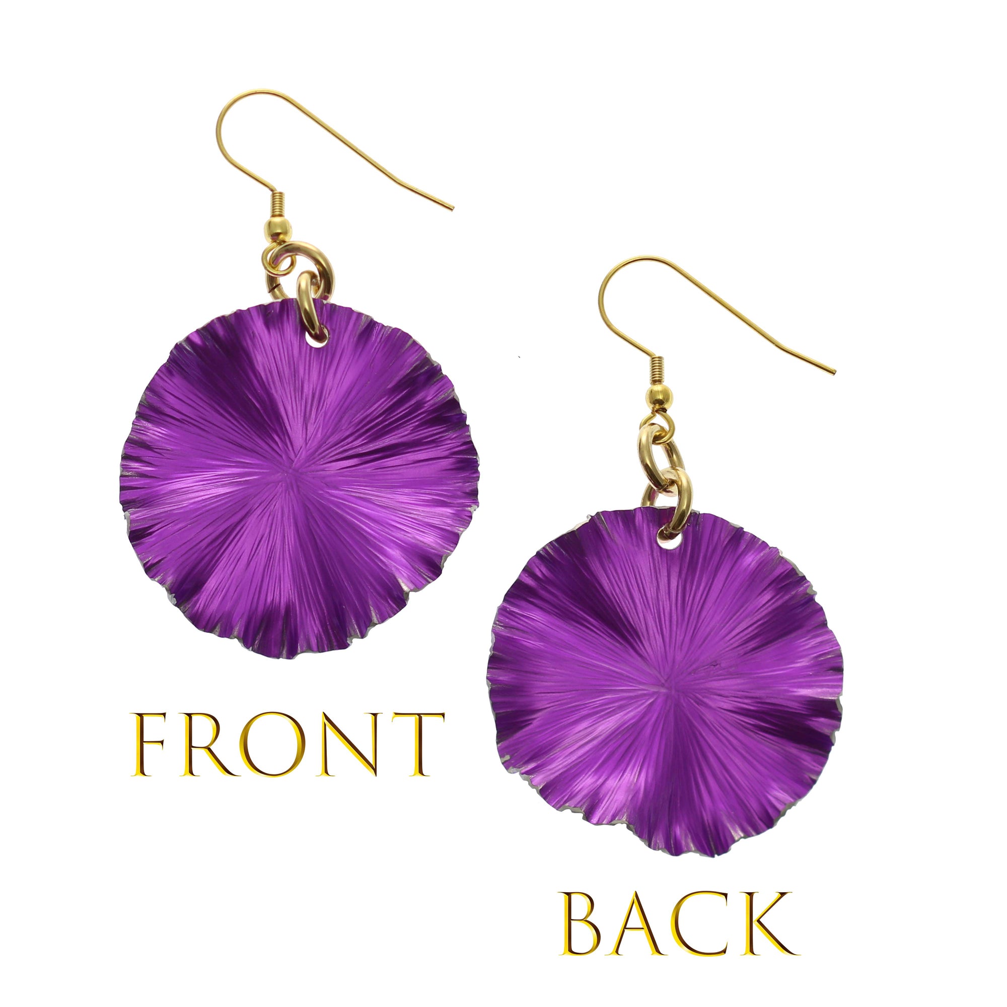 Violet Anodized Aluminum Lily Pad Earrings Front and Back Views