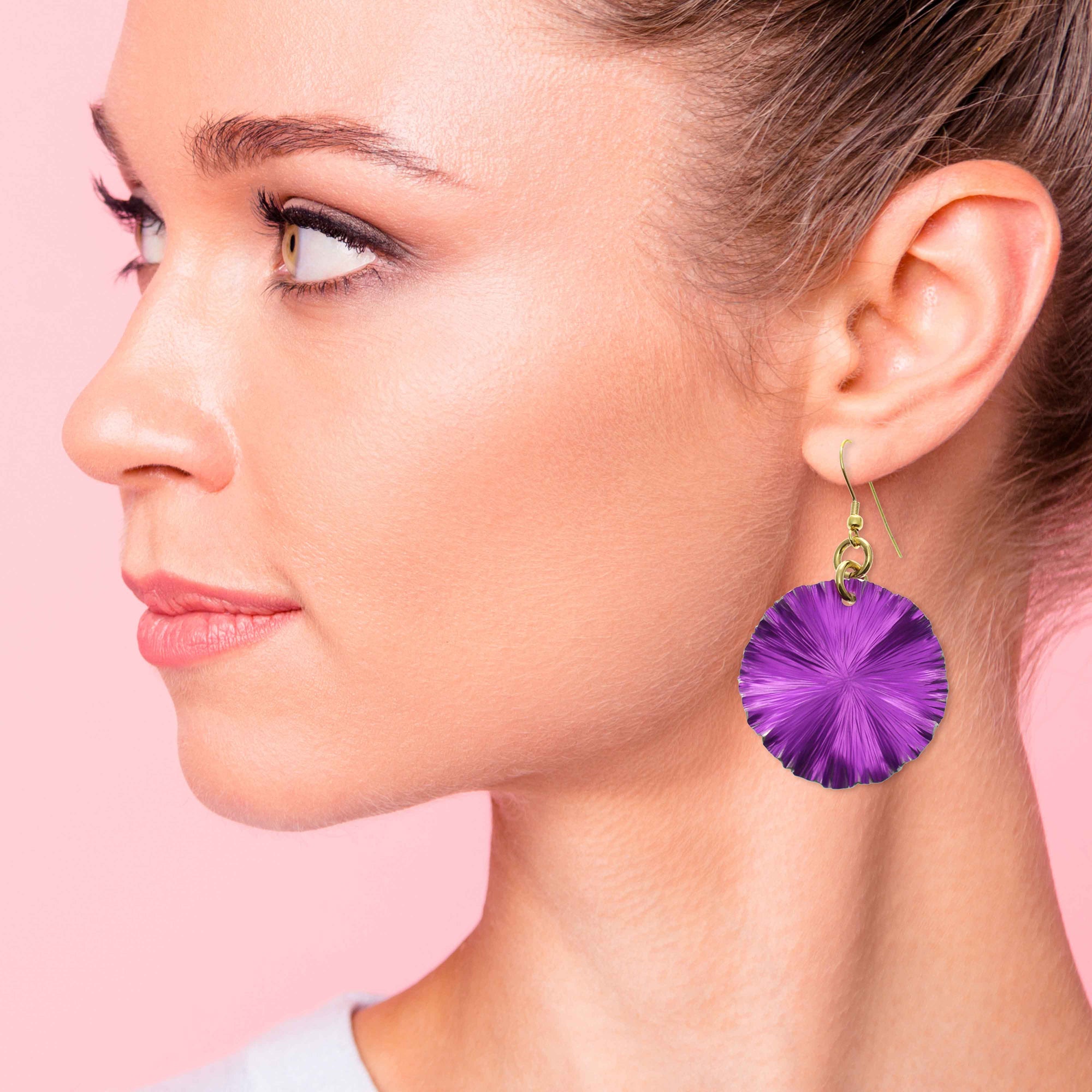 Elegant Woman Wearing Violet Anodized Aluminum Lily Pad Earrings