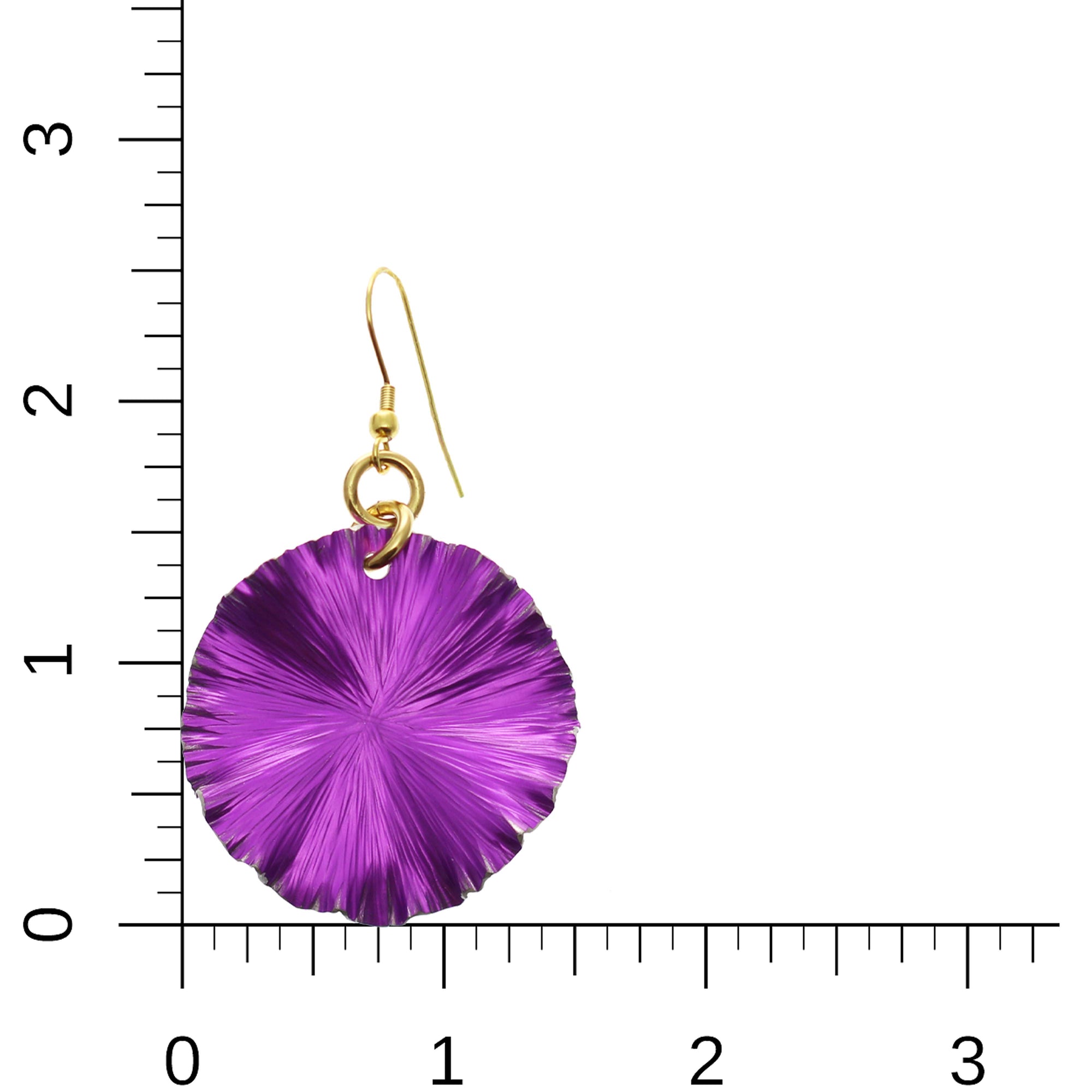 Violet Anodized Aluminum Lily Pad Earrings on Ruler for Size Dimensions