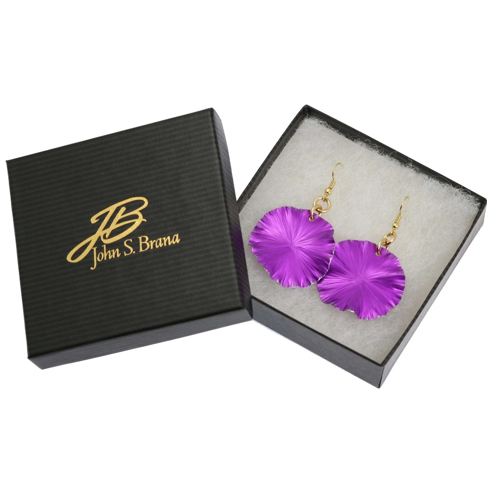 Violet Anodized Aluminum Lily Pad Earrings in Black Gift Box with Gold Logo