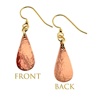 3 of 7: Front and back views of Mini Hammered Copper Teardrop Earrings on a white background. The front shows the hand hammered copper texture and polished shine, while the back shows the smooth reverse surface. Brass French ear wires and connecting rings complete the petite drop design.