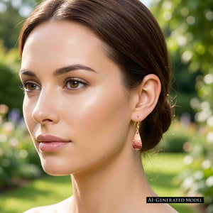 2 of 7: AI generated model wearing Mini Hammered Copper Teardrop Earrings with brass French ear wires. The petite polished copper earrings hang below the earlobe and catch warm outdoor light. The model has brunette hair styled in a low updo, with a softly blurred green garden background.