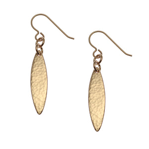 1 of 7: A Pair of Mini Marquise Hammered Bronze Drop Earrings on a White Background