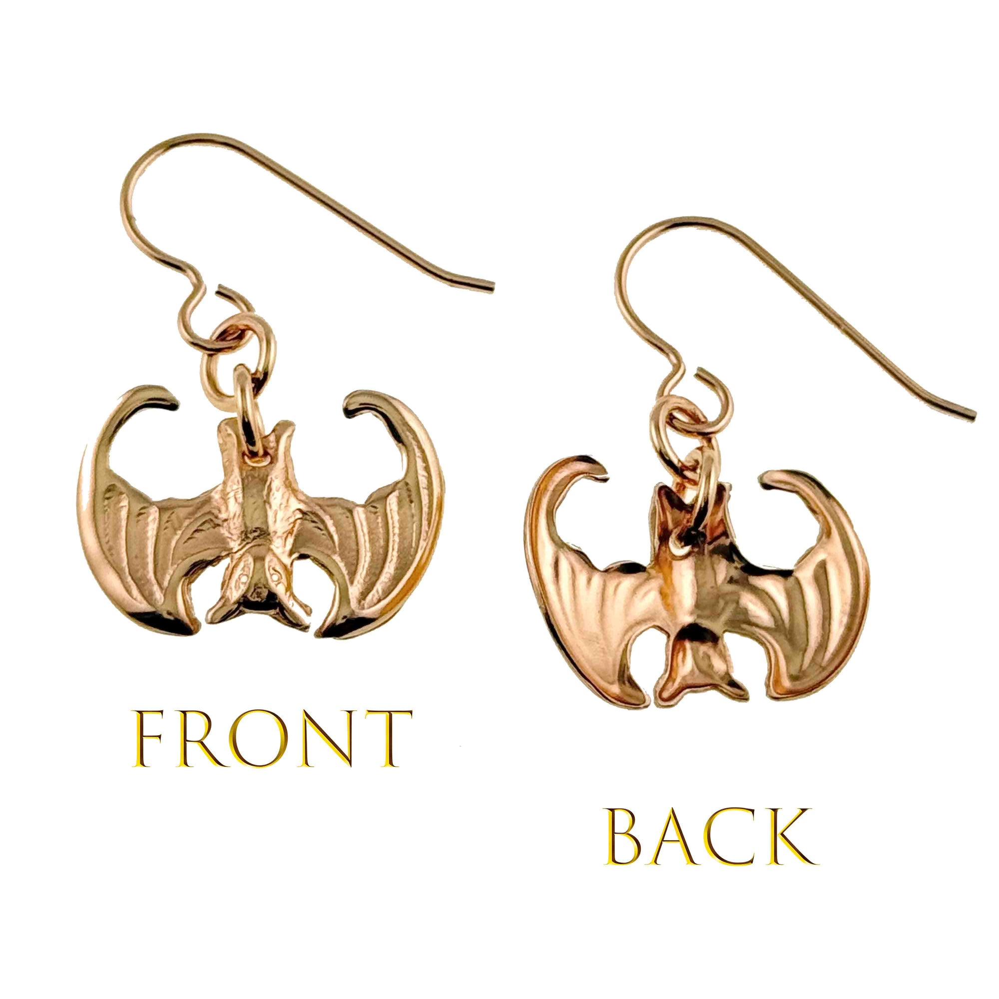 Mini Vampire Bat Bronze Dangle Earrings showing front and back views on a white background.