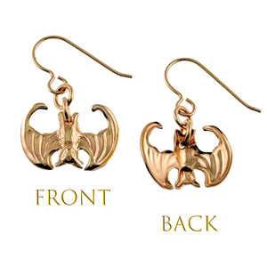 3 of 7: Mini Vampire Bat Bronze Dangle Earrings showing front and back views on a white background.