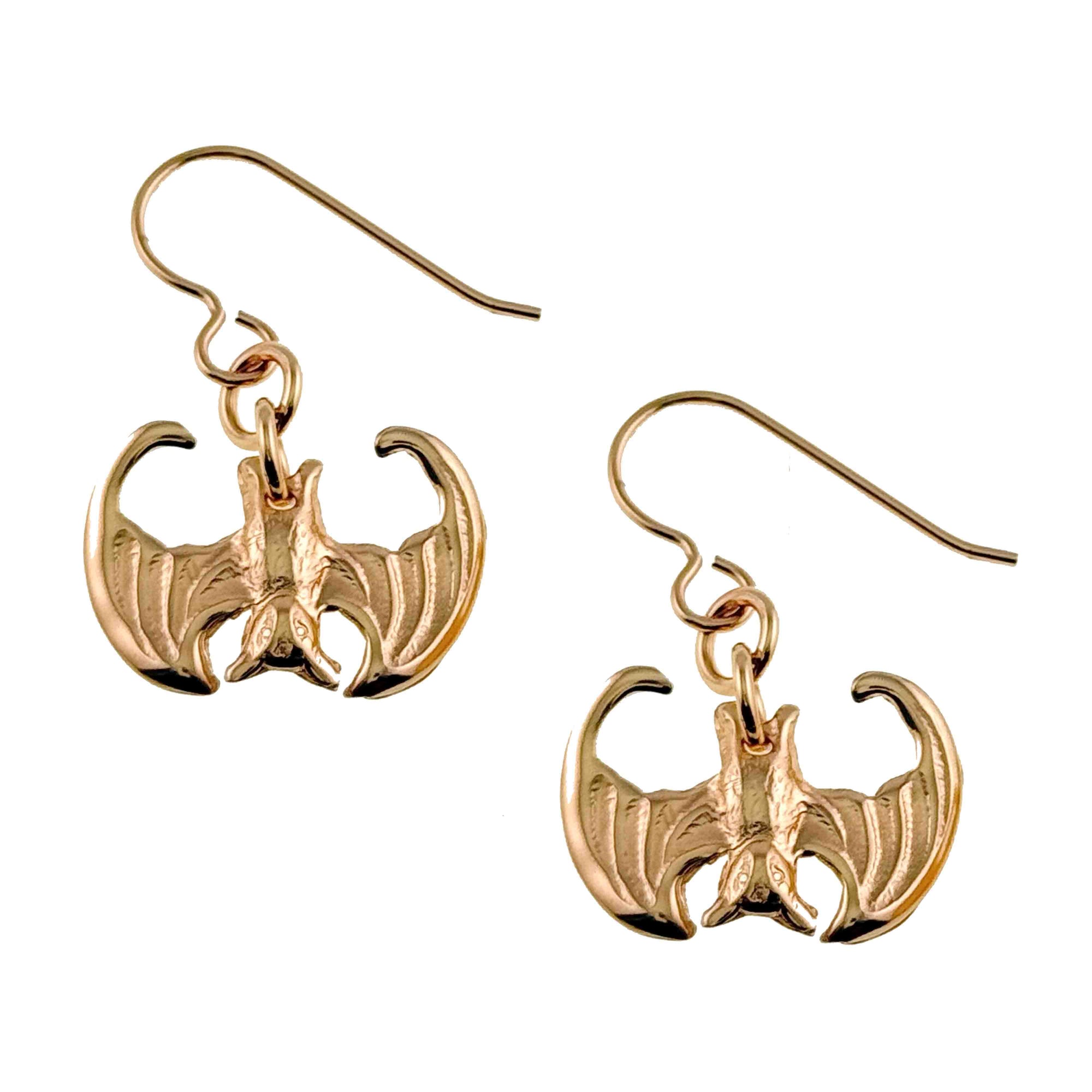 Mini Vampire Bat Bronze Dangle Earrings on a white background