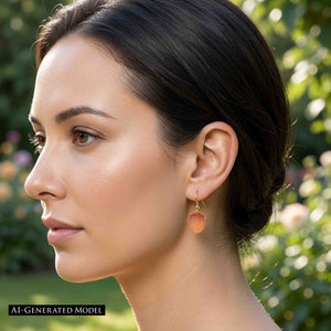 4 of 7: AI generated female model wearing a Mini Hammered Copper Oval Disc Earring in a garden setting. Her dark hair is pulled back to reveal the small copper drop hanging from a brass French ear wire. The polished hand hammered oval catches natural light and adds a warm copper accent against the soft green floral background.