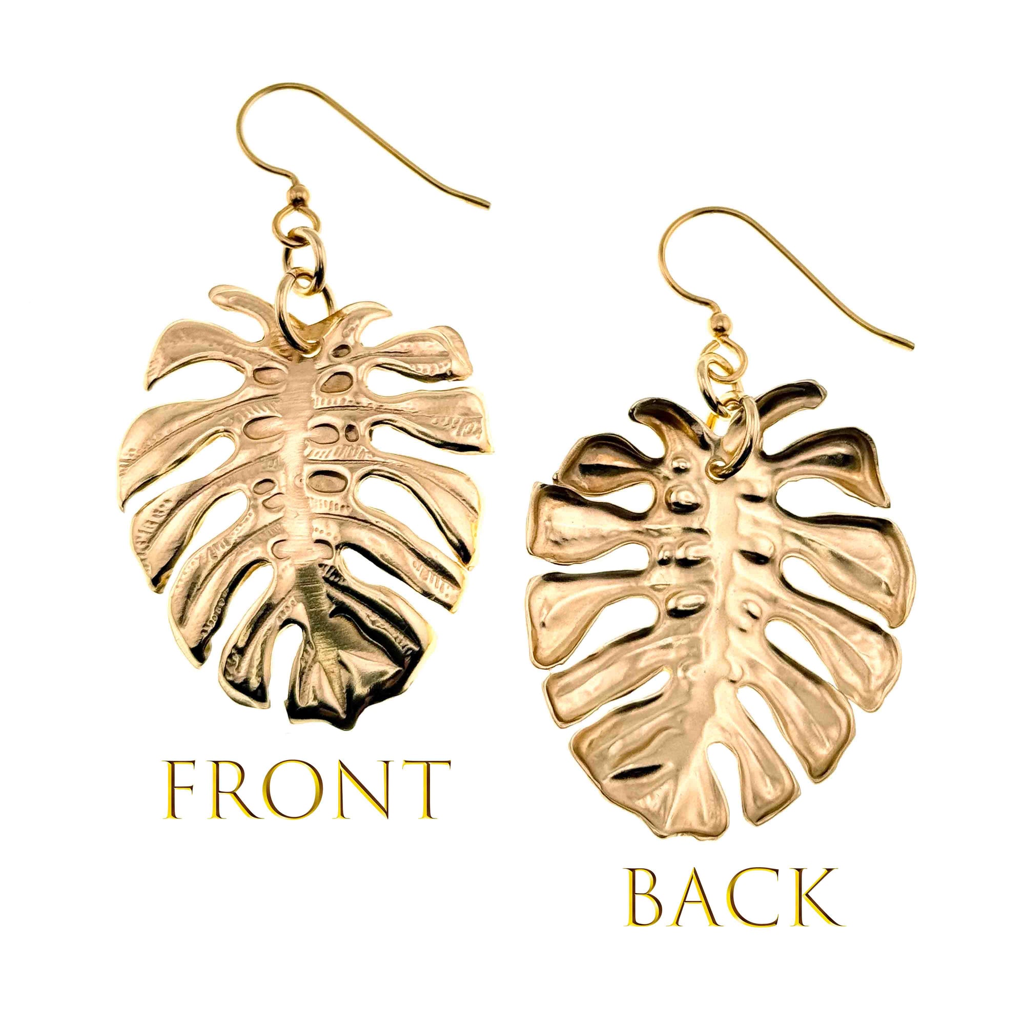 Front and Back Views of Monstera Nu Gold Brass Leaf Earrings