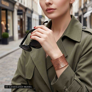 2 of 9: Woman wearing an olive green trench coat and holding black sunglasses on a city street. The wide mosaic embossed copper cuff is shown on her raised wrist, where its warm color stands out against the muted green sleeve. A black label identifies the model as AI generated.