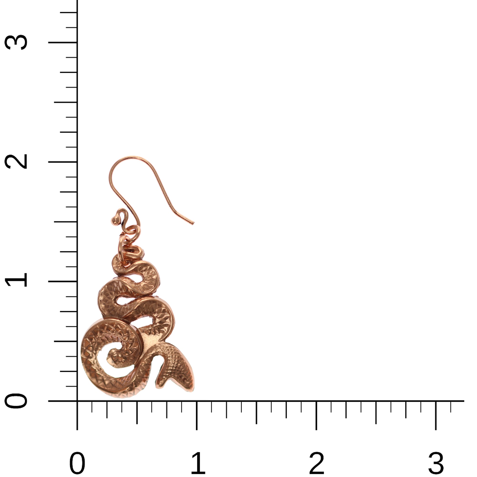 Mystic Snake Copper Drop Earrings on Ruler for Scale and Dimensions