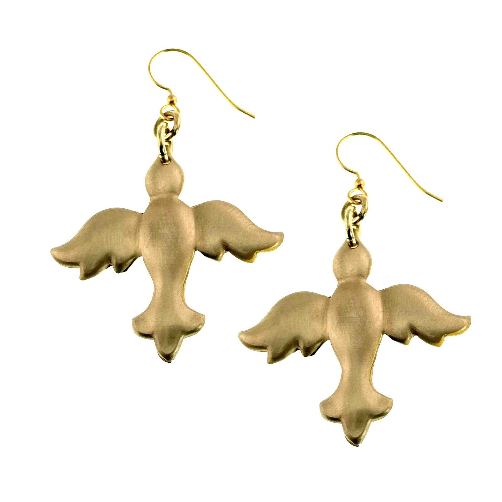 Nu Gold brass peace dove dangle earrings with brushed matte finish, raised die struck detailing, brass French ear wires, and soft golden tone shown on a white background. Each earring features a flying dove shape with spread wings and gentle movement.