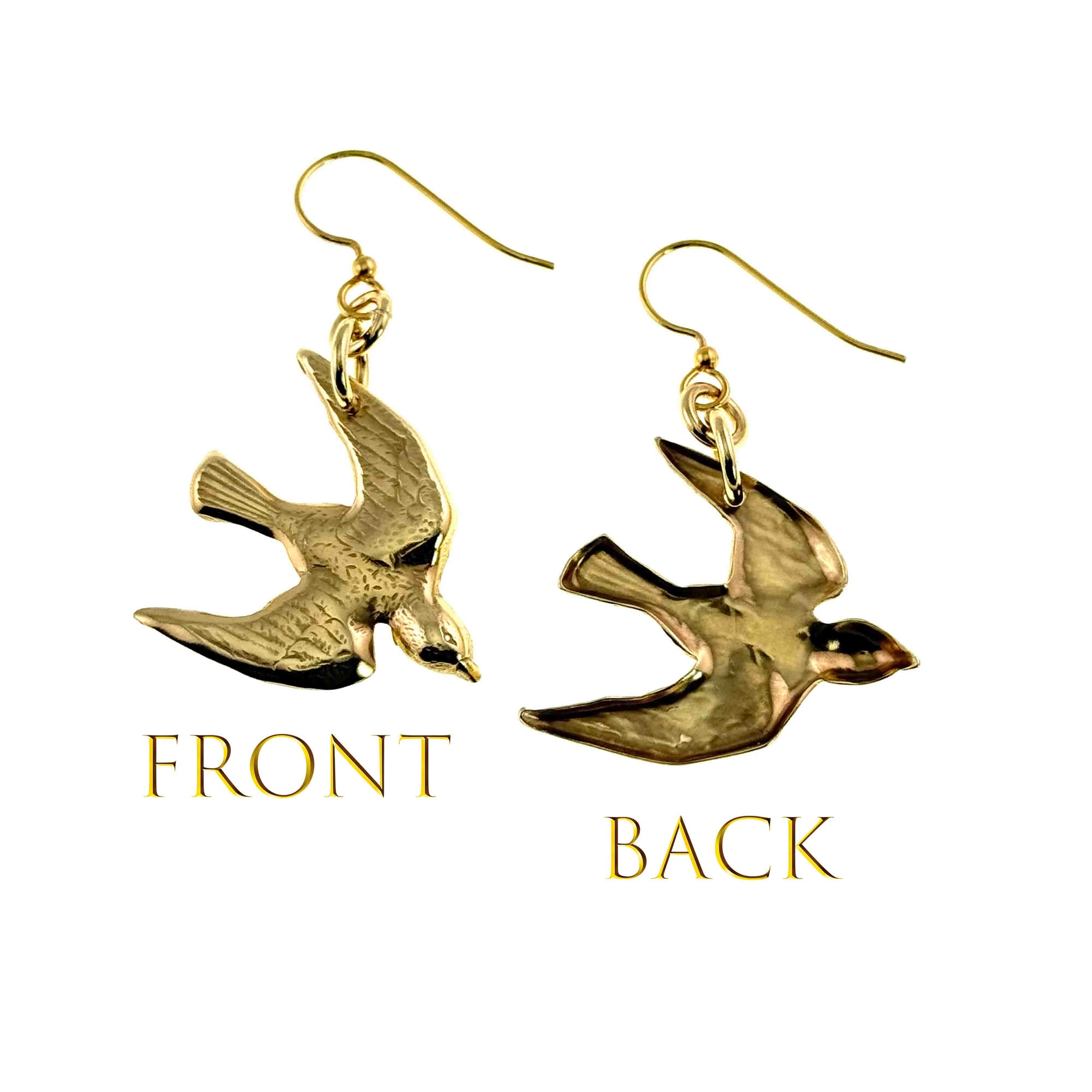 Nu Gold Brass Flying Swallow Earrings showing front and back views on a white background.