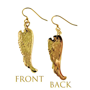 3 of 7: Nu Gold Brass Guardian Angel Wing Drop Earrings  showing front and back views on a white background.