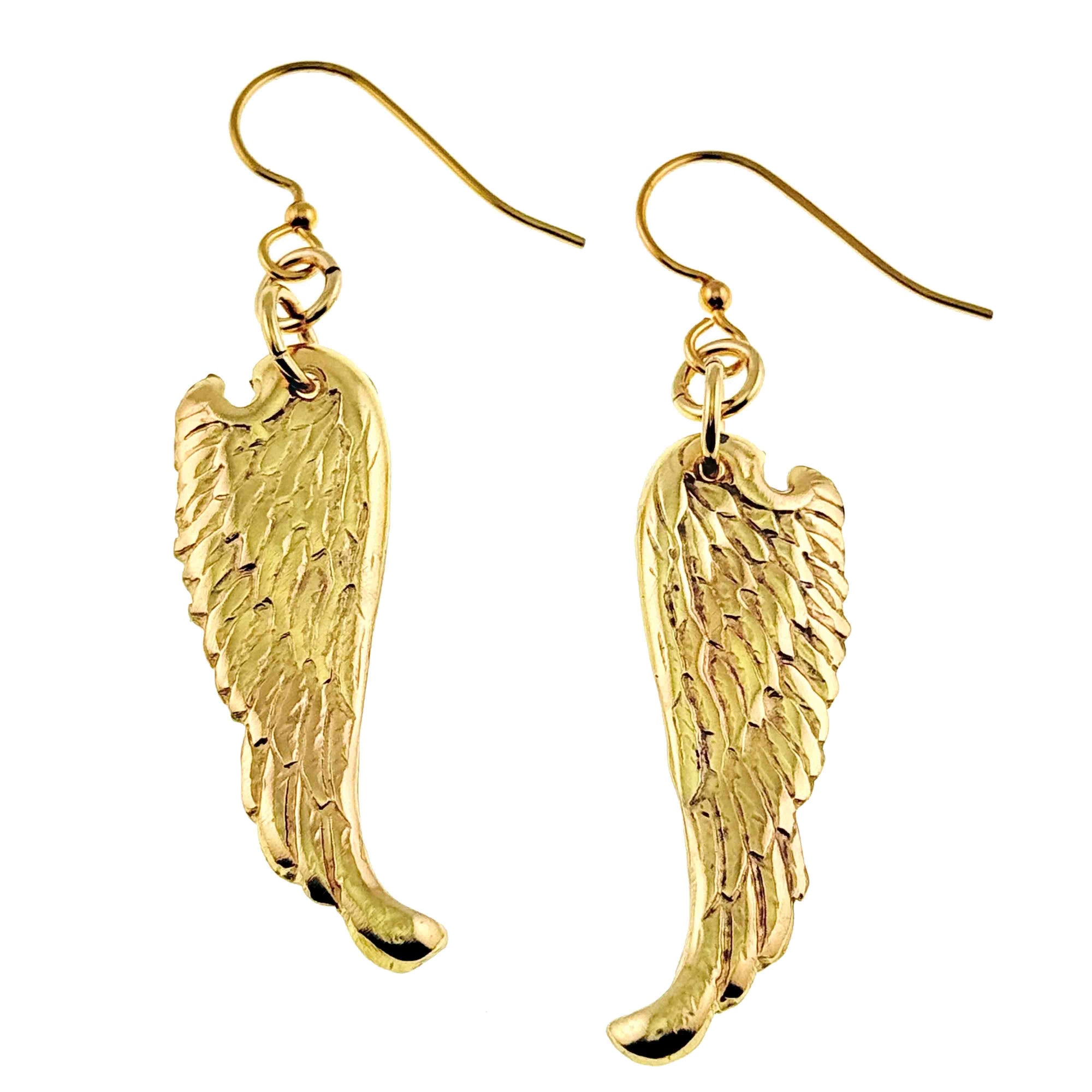 Nu Gold Brass Guardian Angel Wing Drop Earrings  on a white background