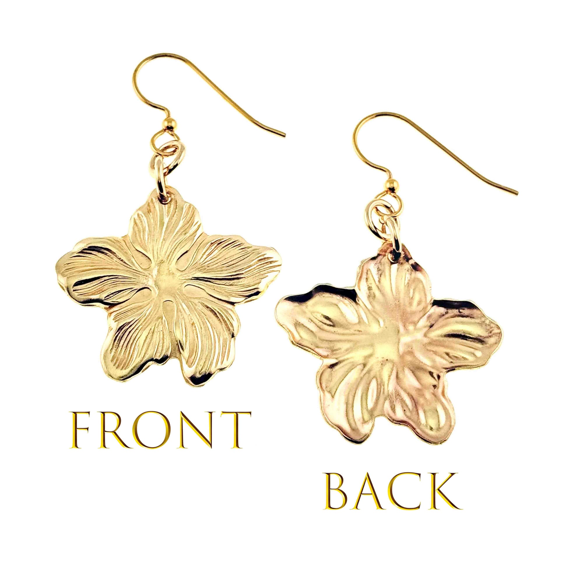Nu Gold Brass Hibiscus Flower Dangle Earrings showing front and back views on a white background