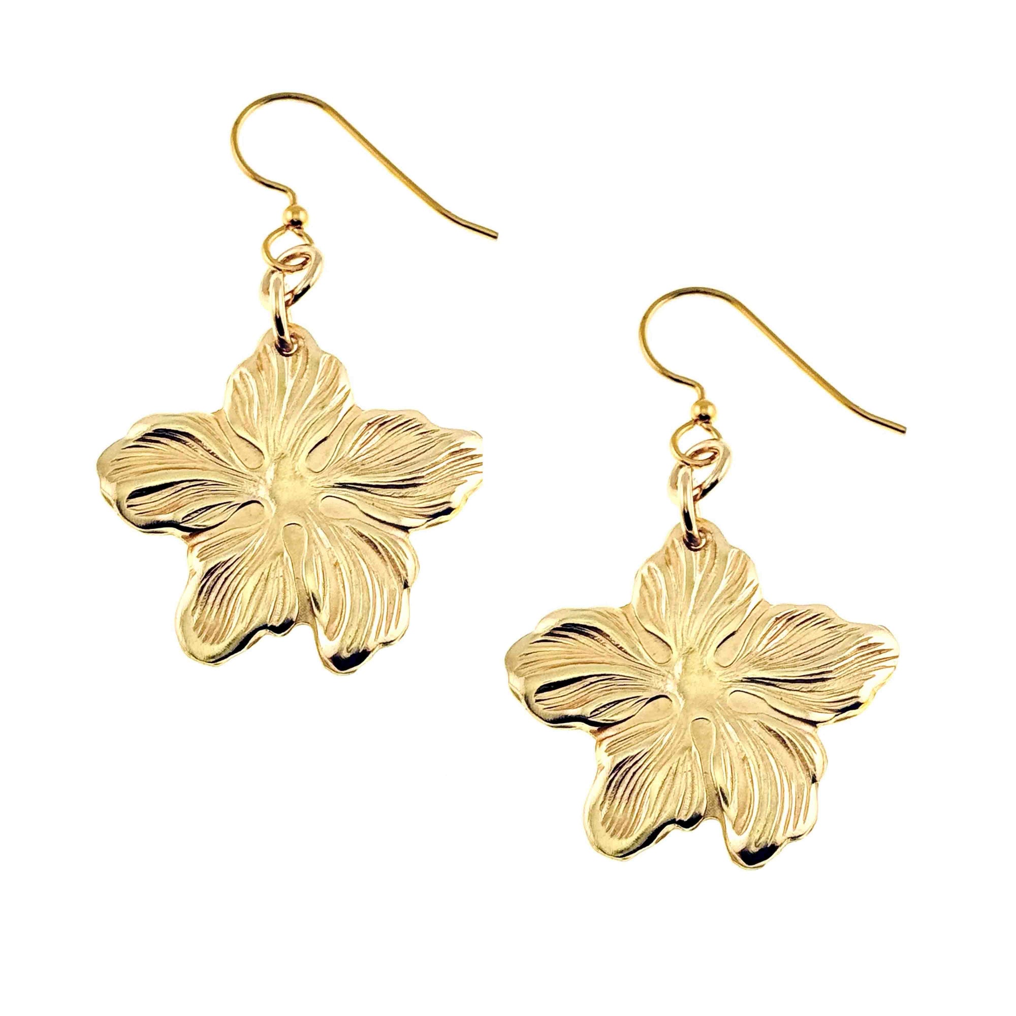 Nu Gold Brass Hibiscus Flower Dangle Earrings  on a white background
