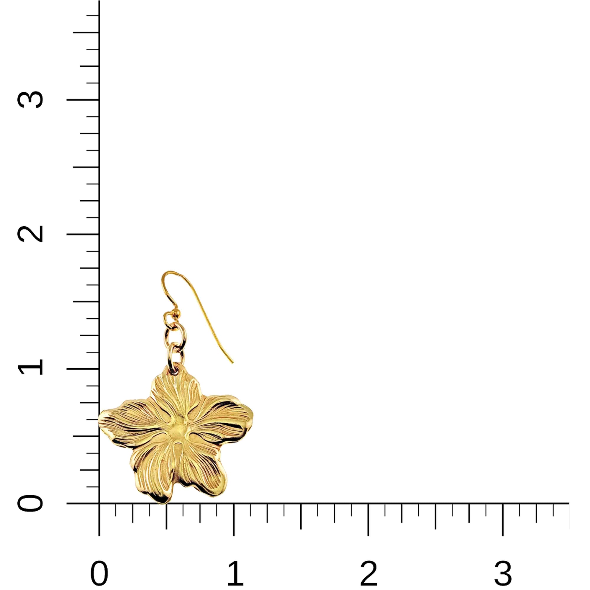 Nu Gold Brass Hibiscus Flower Dangle Earring on a white background with a ruler for scale.