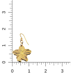 5 of 7: Nu Gold Brass Hibiscus Flower Dangle Earring on a white background with a ruler for scale.