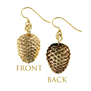 3 of 7: Nu Gold Brass Pinecone Dangle Earrings showing front and back views on a white background.