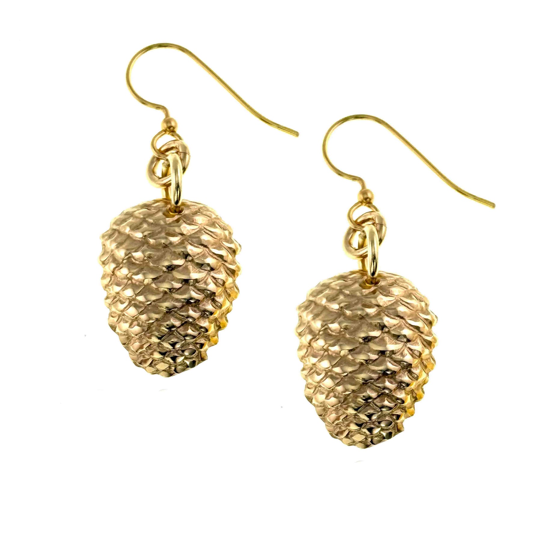 A Pair of Nu Gold Brass Pine Cone Dangle Earrings on a White Background