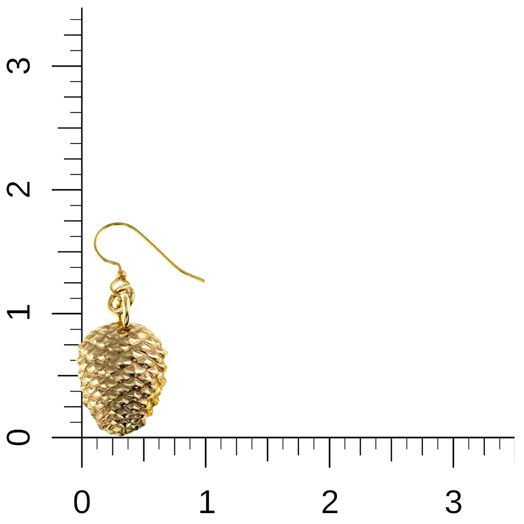 Nu Gold Brass Pinecone Dangle Earring on a ruler for scale