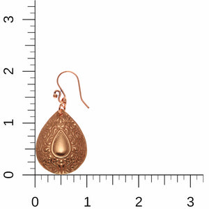 4 of 7: Ornate Mandala Teardrop Copper Earrings  - On Ruler for Size Dimensions