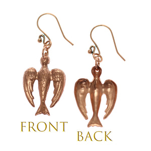 3 of 7: Peace Dove Copper Drop Earrings Front and Back View