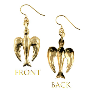 3 of 7: Front and back view of handcrafted Nu Gold brass peace dove dangle earrings, showing detailed texture on the front and smooth finish on the back.