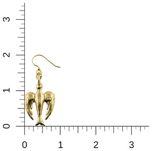5 of 7: Nu Gold brass peace dove dangle earring shown against a measurement grid, highlighting its size of approximately 2 inches in length and 7/8 inches in width.