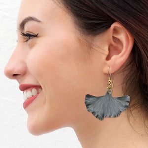 6 of 7: Fashionable Woman Wearing Pewter Gray Anodized Aluminum Medium Ginkgo Leaf Earrings