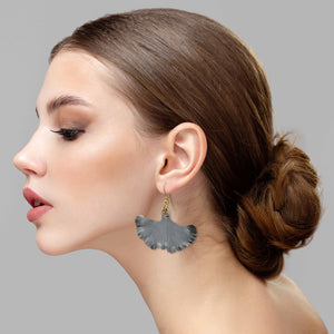 4 of 7: Stunning Woman Wearing Pewter Gray Anodized Aluminum Medium Ginkgo Leaf Earrings