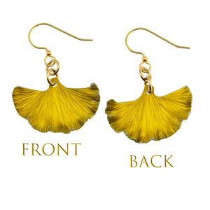 3 of 7: Front and Back Views of Small Canary Yellow Anodized Aluminum Ginkgo Leaf Earrings