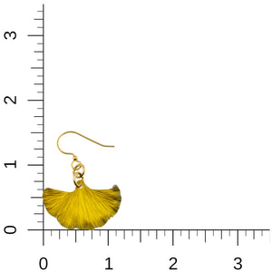 5 of 7: Small Canary Yellow Anodized Aluminum Ginkgo Leaf Earrings on a Ruler for Size Dimensions