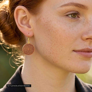 2 of 8: AI Generated Model wearing a Small Copper Mandala Disc Earring outdoors. The copper disc hangs below the earlobe from a brass French ear wire, clearly showing the round swirling mandala pattern. The model has red hair and freckles, with warm sunlight and a softly blurred green background.