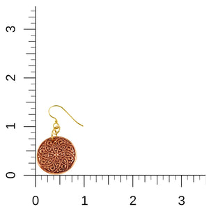 5 of 8: Small Copper Mandala Disc Earring shown beside an inch ruler for size reference. The round copper disc measures about 7/8 inch wide, while the full earring measures about 1 3/4 inches long from the brass French ear wire to the bottom of the disc.