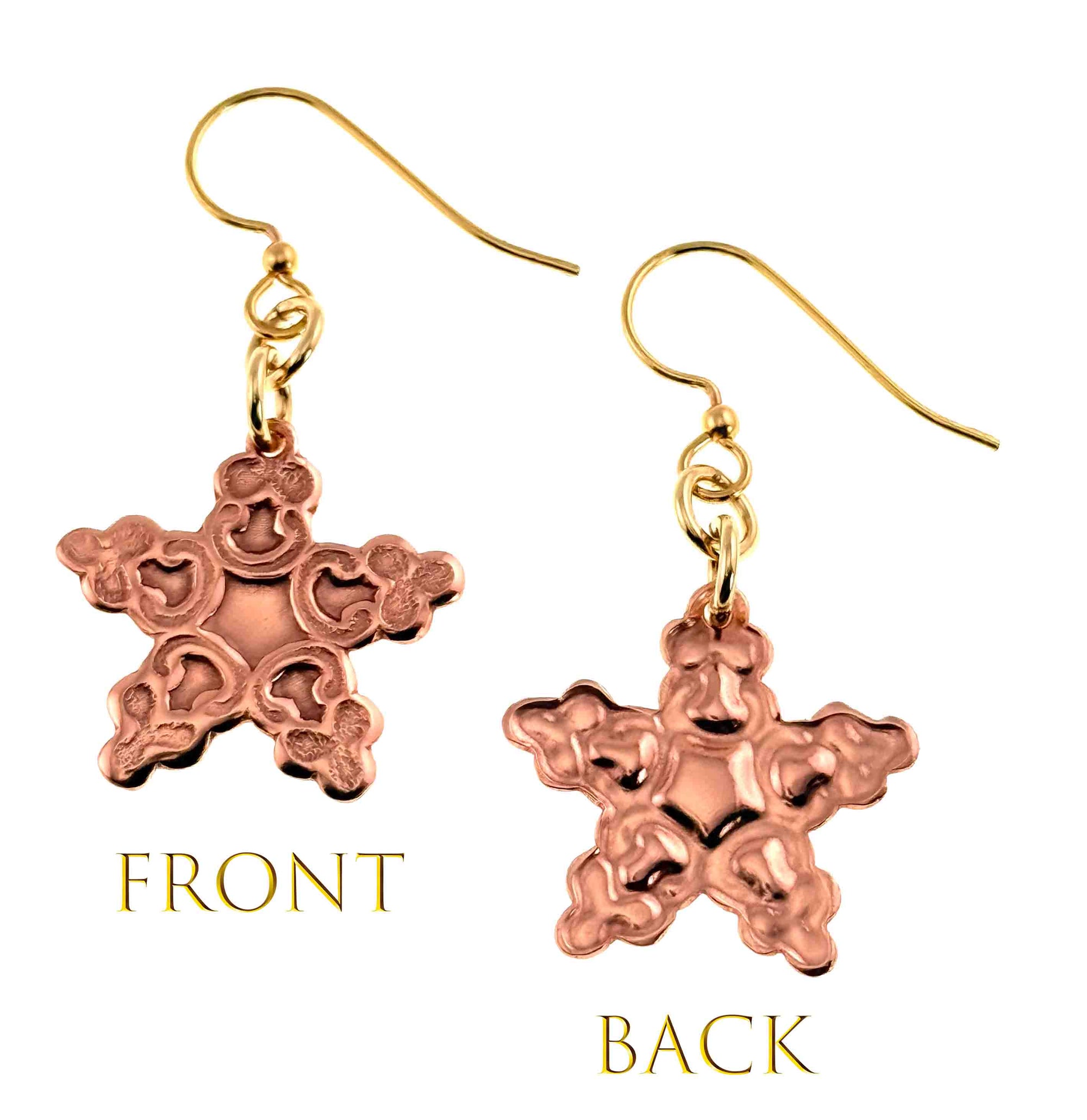 Small Copper Snowflake Dangle Earrings showing front and back views on a white background