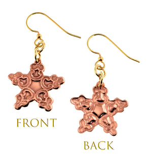 3 of 7: Small Copper Snowflake Dangle Earrings showing front and back views on a white background