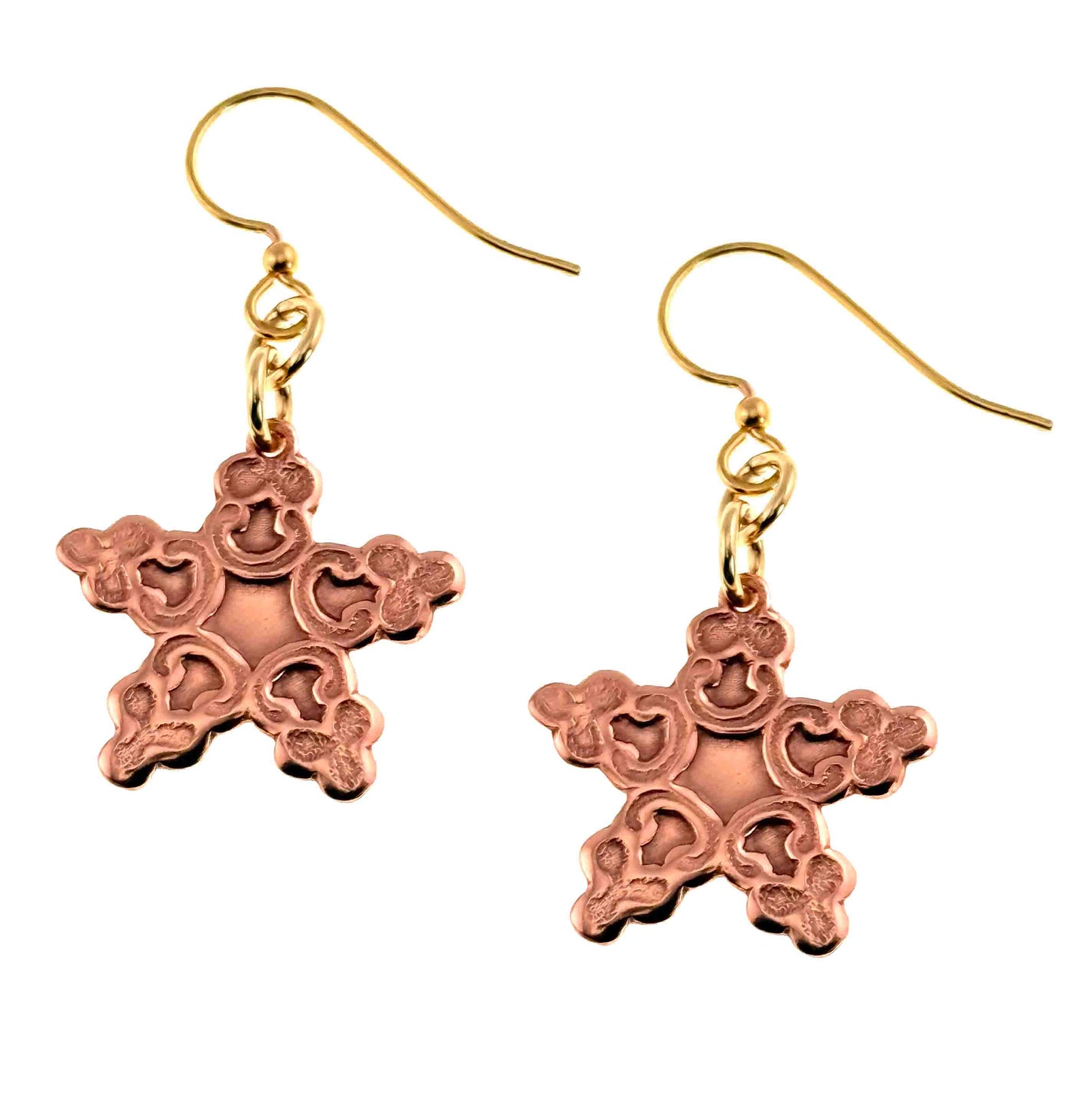 Pair of Small Copper Snowflake Dangle Earrings on a white background