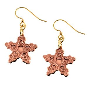 1 of 7: Pair of Small Copper Snowflake Dangle Earrings on a white background