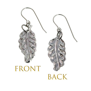 3 of 8: Two small aluminum feather dangle earrings shown side by side against a white background. The left earring displays the detailed front with fine textured lines, while the right earring shows the back with a smoother raised pattern. Both hang from stainless steel French ear wires. The words “Front” and “Back” appear below each earring in gold text.