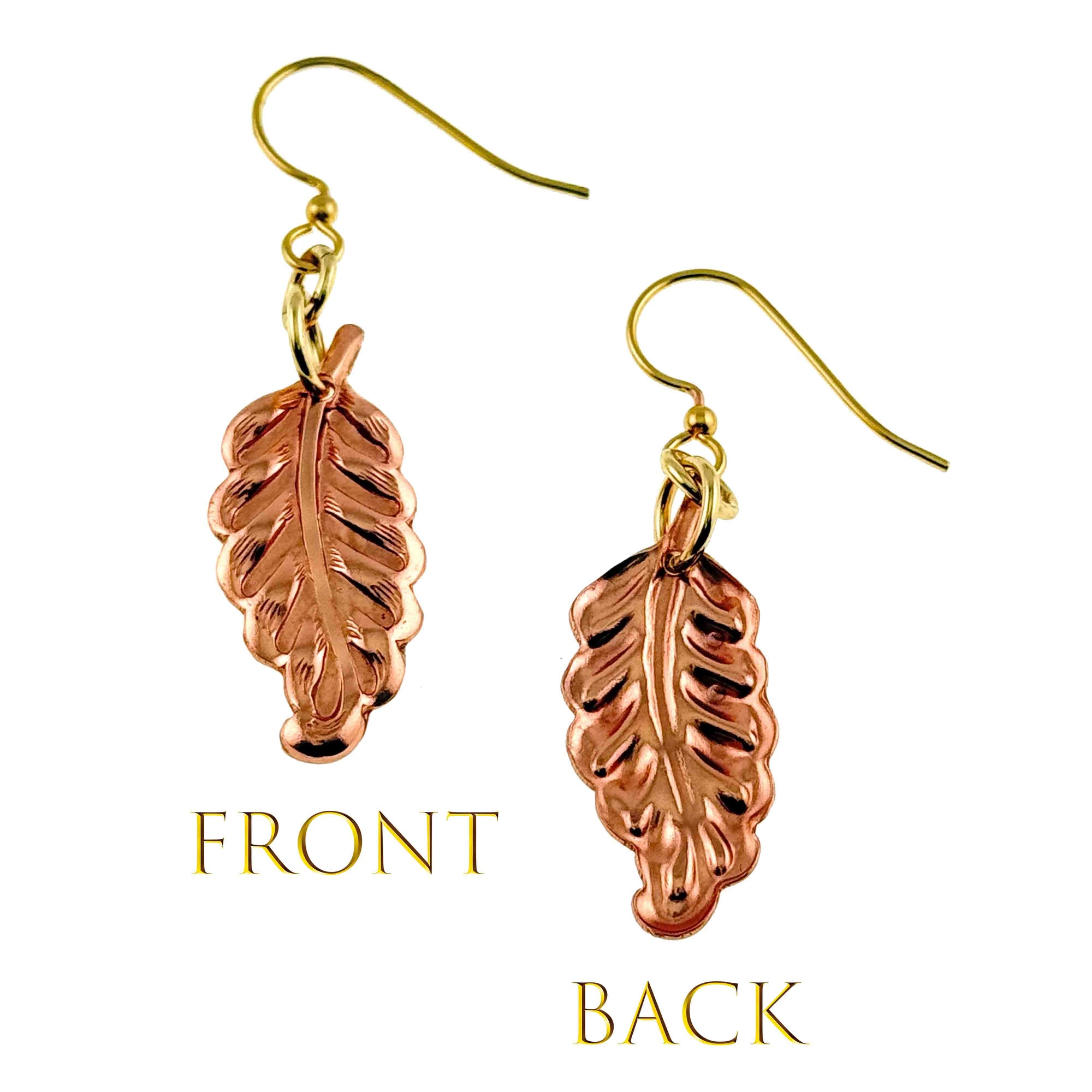 Small Feather Copper Dangle Earrings showing front and back views on a white background