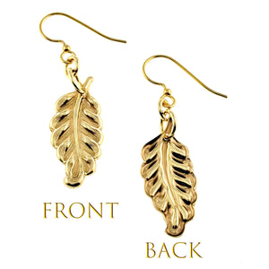 5 of 7: Small Feather Nu Gold Brass Dangle Earrings back views on a white background
