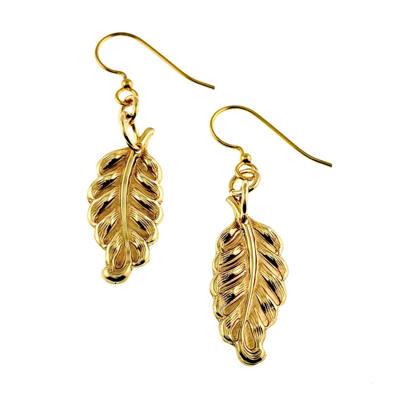 Small Feather Nu Gold Brass Dangle Earrings  on a white background